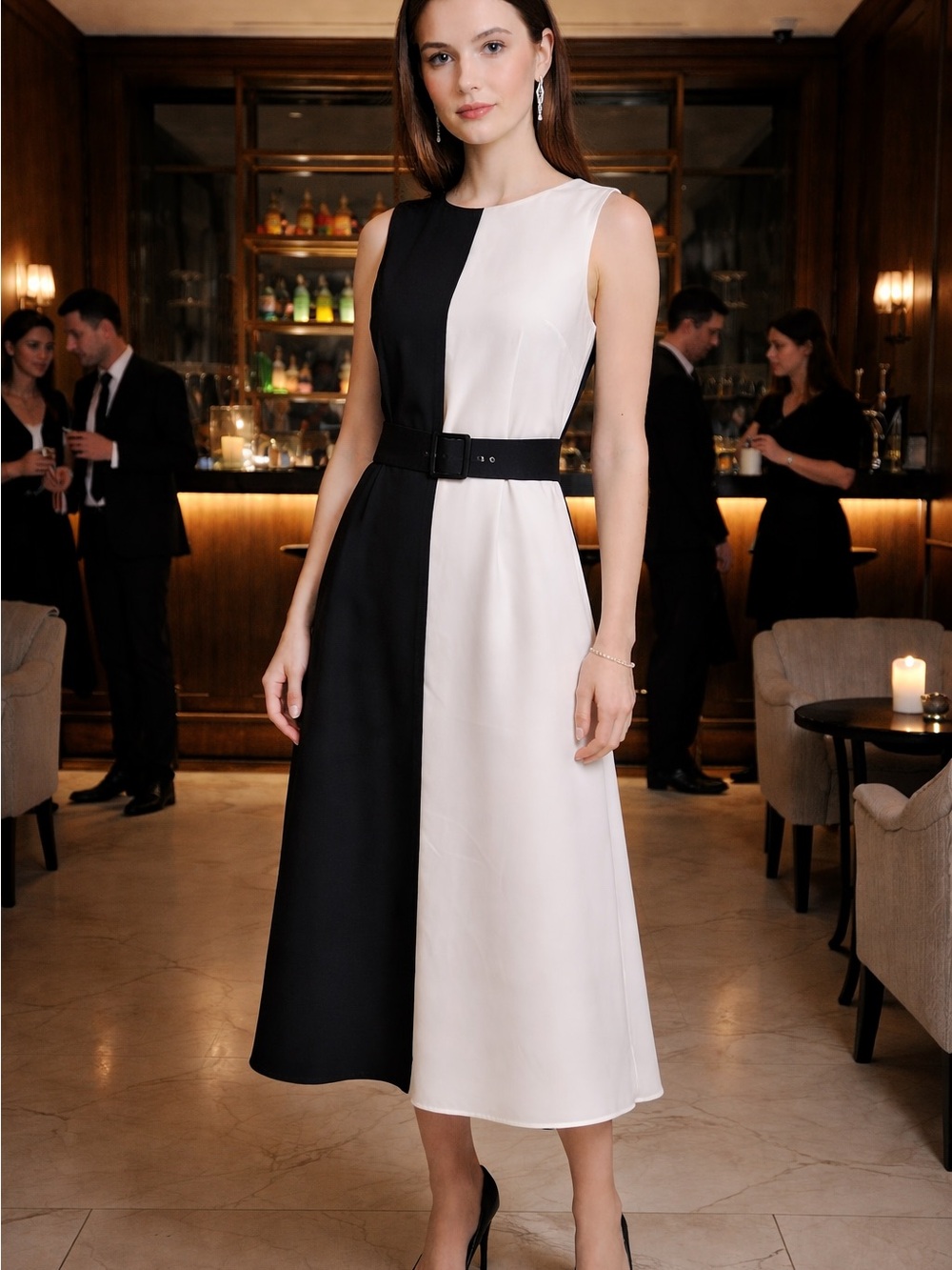MNG Mango Black White Colorblock Sleeveless Belted Midi Dress Women's L